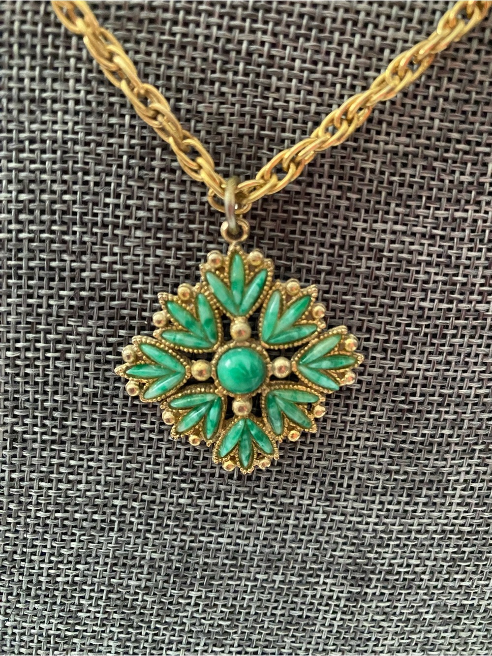 Vintage Gold-Tone Green Floral Medallion Pendant Necklace